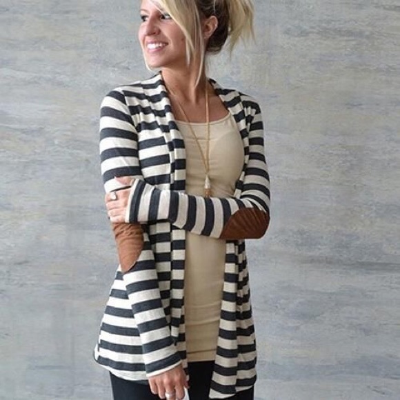 Sweaters - ‘HEIDI’ Striped Elbow Patch Draped Cardigan